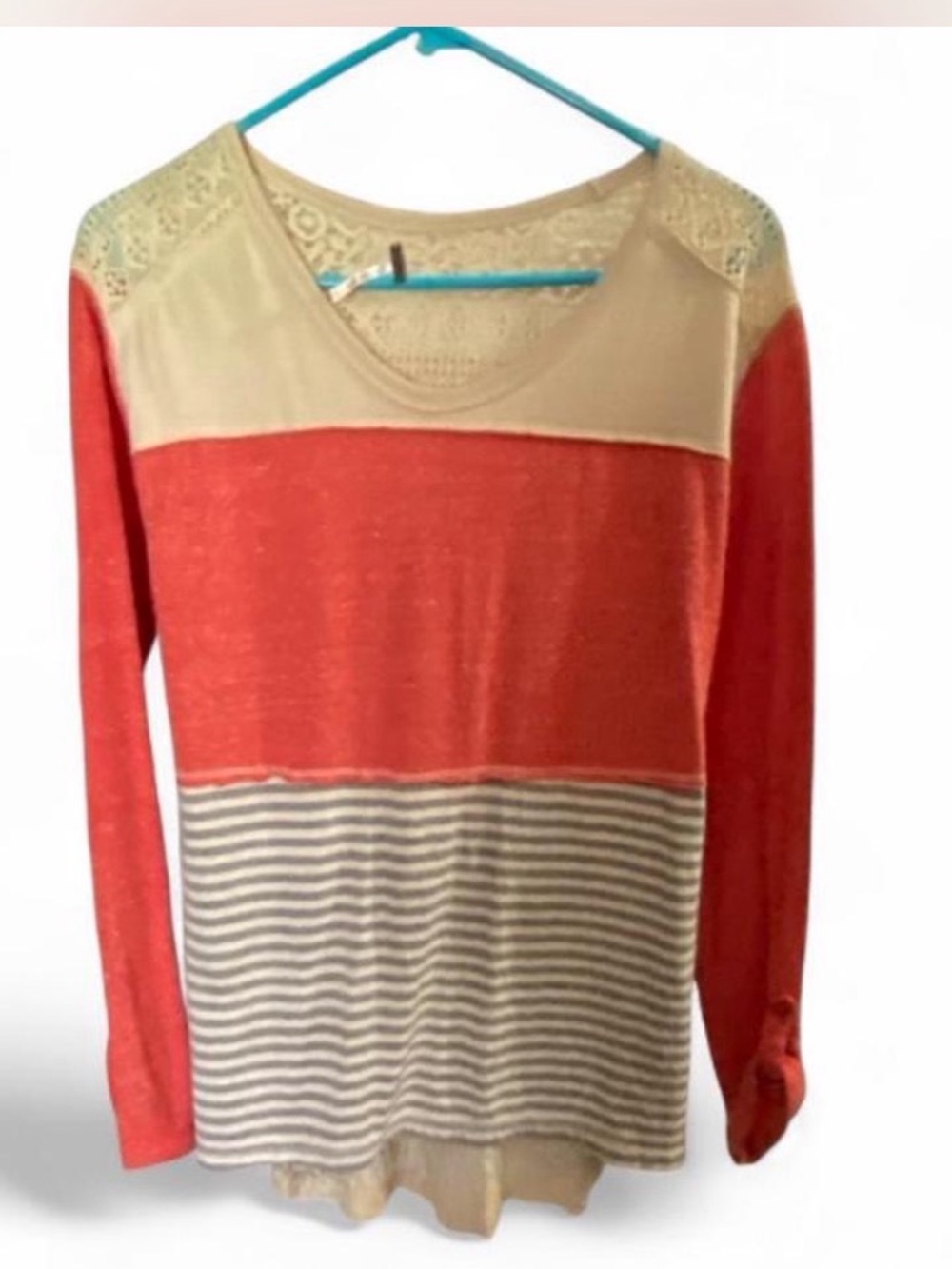 Orange and Cream Long-Sleeve Lace  Colorblock Blouse